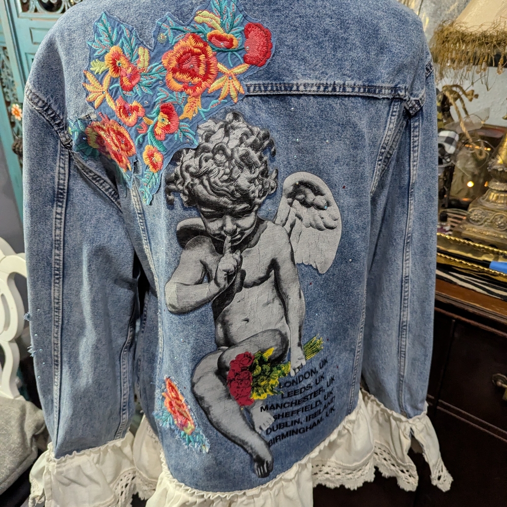 Embroidered Denim Jacket with Ruffle Hem - Picture 2 of 15